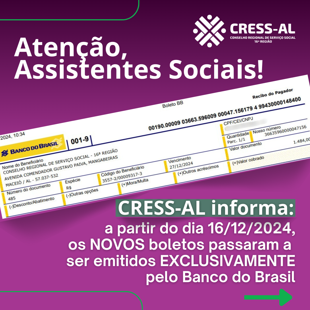 CRESS-AL informa: Alteração para Boletos do Banco do Brasil