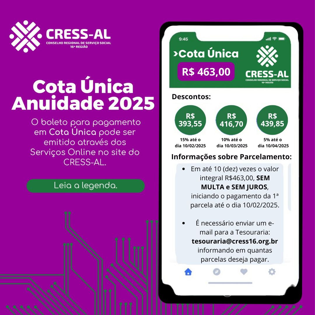 Anuidade 2025: pagamento em Cota Única com desconto de até 15% ou parcelamento em até 10 vezes