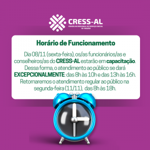 CRESS-AL funciona com horário excepcional nesta sexta-feira (08/11)