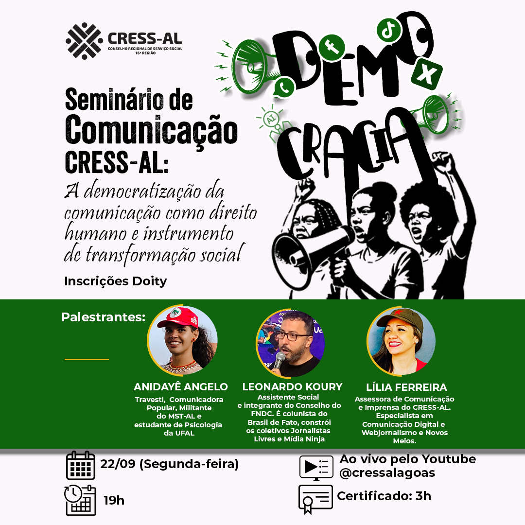 CRESS-AL realiza seminário on-line sobre democratização da comunicação como direito humano