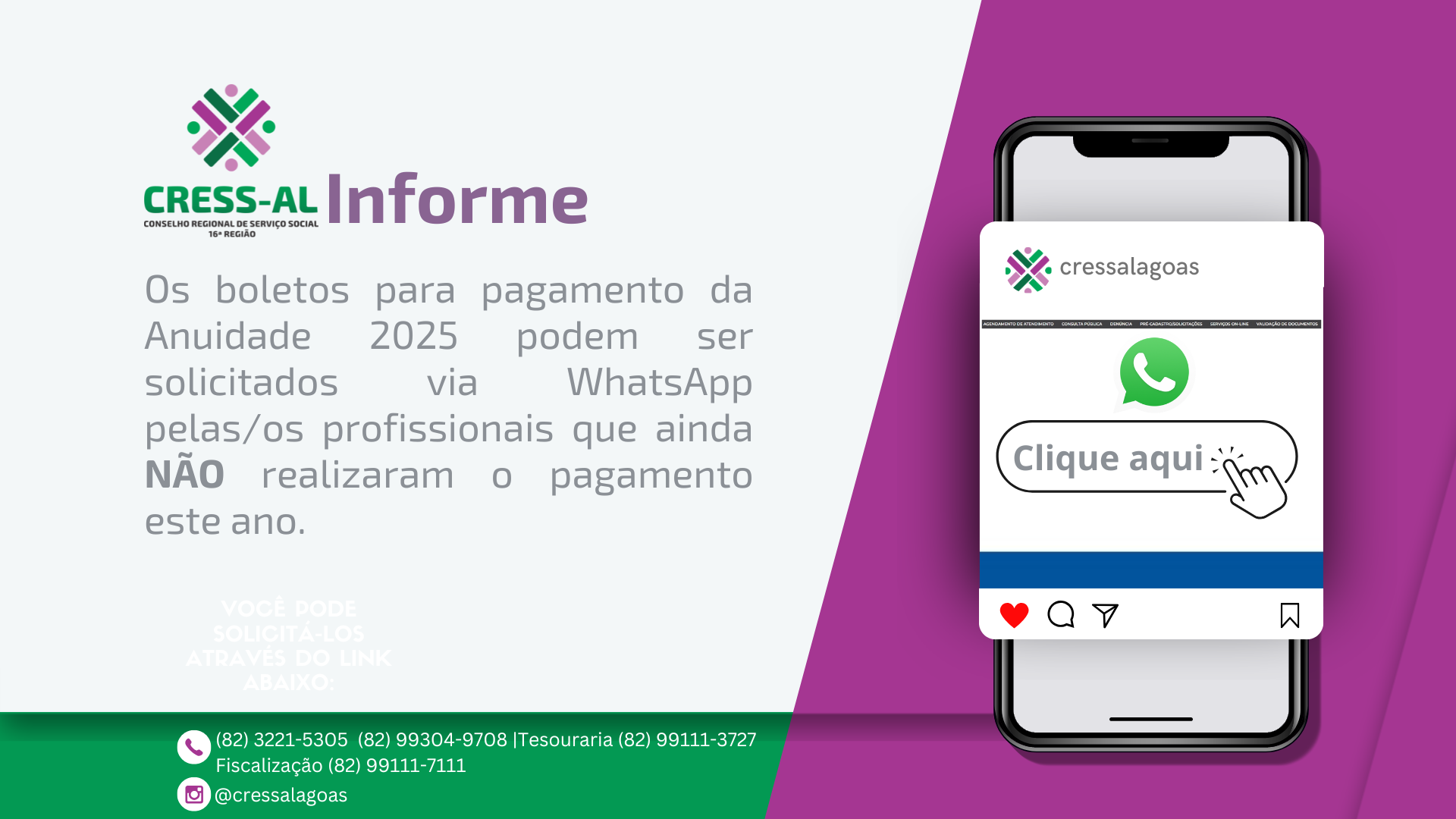 CRESS-AL informa: boletos da anuidade 2025 através do whatsapp