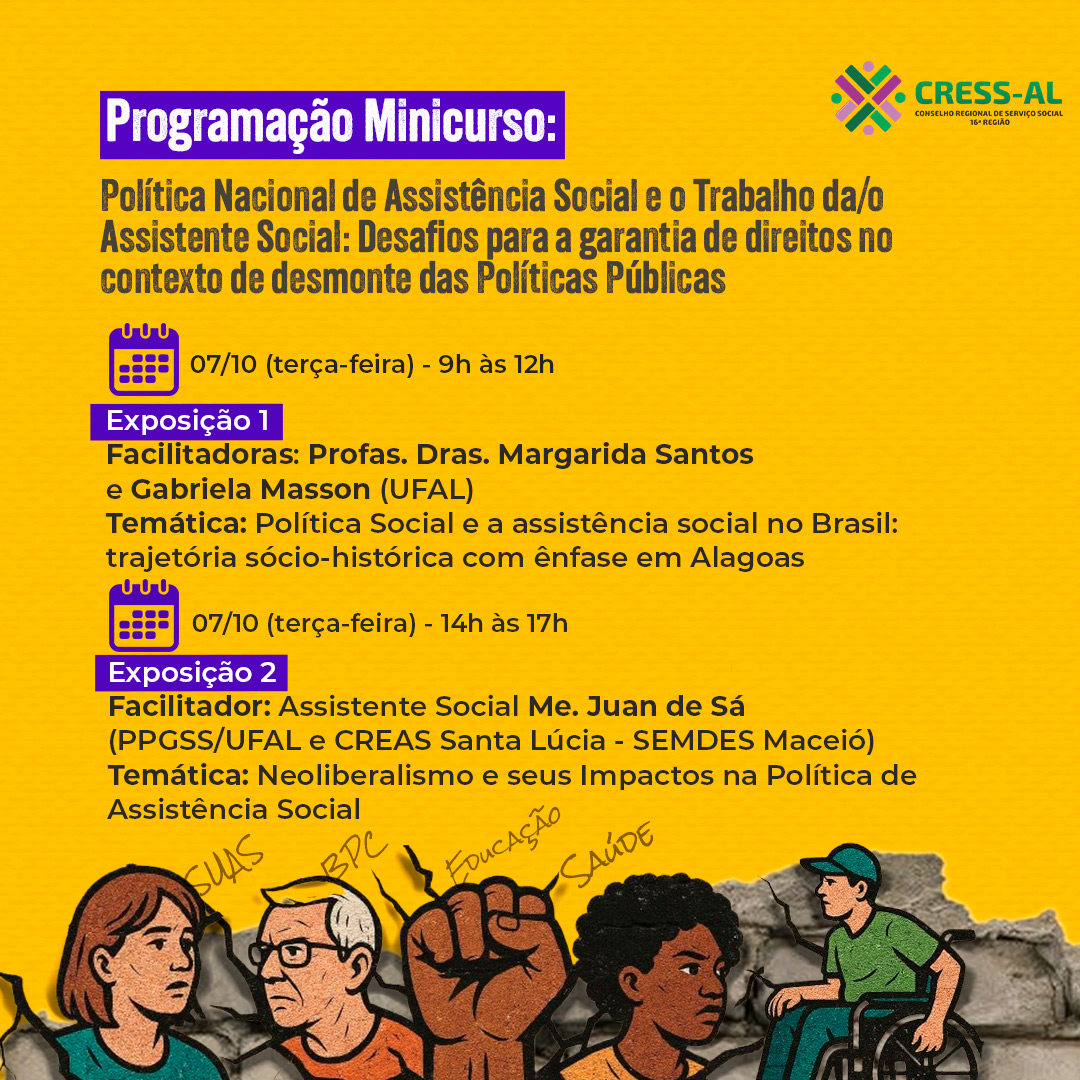 PET SSO/UFAL e CRESS-AL divulgam programação do Minicurso sobre os desafios da Política Nacional de Assistência Social