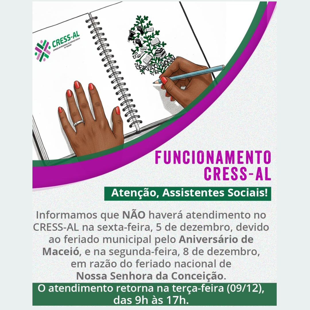 Funcionamento CRESS-AL dias 05 e 08 de dezembro