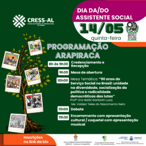 CRESS Alagoas divulga a programação da atividade em comemoração ao Dia da/do Assistente Social 2026, em Arapiraca