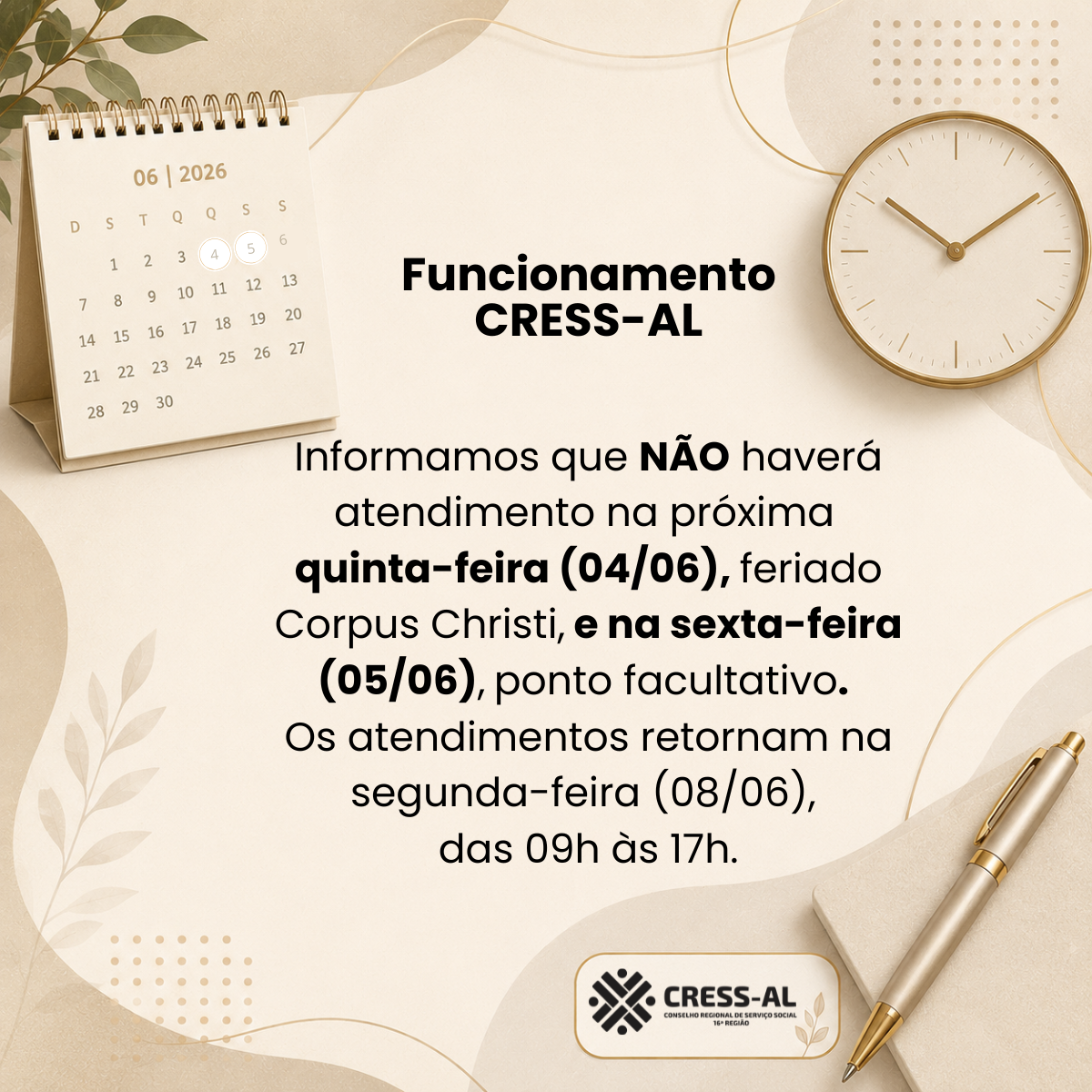 Comunicado sobre funcionamento do CRESS-AL: feriado de Corpus Christi e Ponto Facultativo