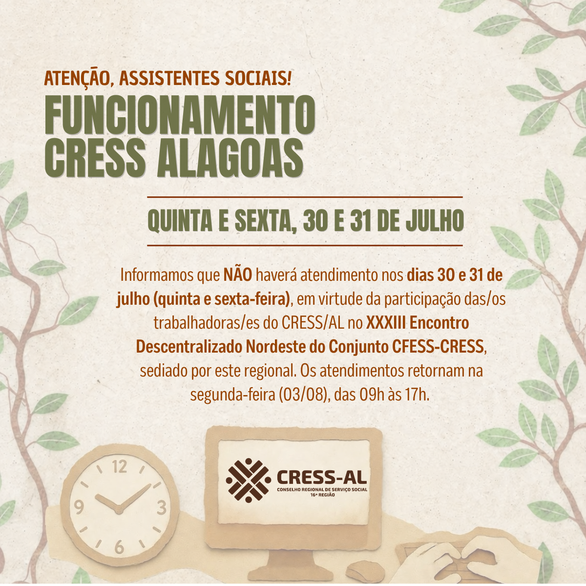 Comunicado sobre funcionamento do CRESS-AL: 30 e 31 de julho de 2026
