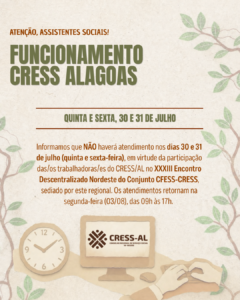 Comunicado sobre funcionamento do CRESS-AL: 30 e 31 de julho de 2026