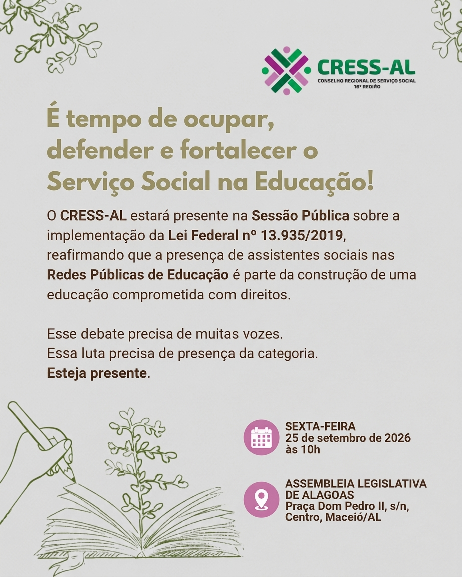 CRESS Alagoas estará presente na Sessão Pública sobre a Lei Federal nº 13.935/2019