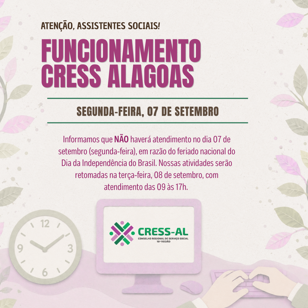 Comunicado sobre funcionamento do CRESS-AL: 07 de setembro de 2026